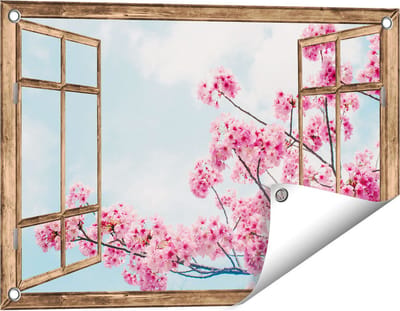 Gards Tuinposter Doorkijk Roze Bloesemboom - Bloemen - 60x40 cm - Tuindoek - Tuindecoratie - Wanddecoratie buiten - Tuinschilderij