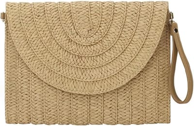 Strohoed Clutch Handtas voor Dames - Gevlochten Handtas voor Zomer, Strand en Feestjes in Geel-bruin