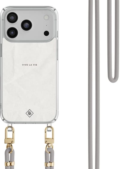 Casimoda® hoesje met grijs koord - Geschikt voor iPhone 17 Pro - Vive La Vie - Afneembaar koord - TPU/polycarbonaat - Grijs