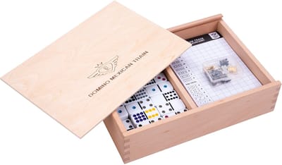 Domino Mexican Train D12 Deluxe - Tot 12 Ogen - Metalen Treintjes - Houten Station - Beukenhouten Opbergkist - Engelhart