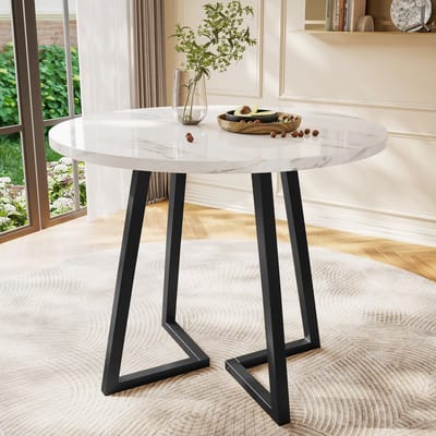Eettafel Rond - 80 x 80 cm - Keukentafel Met Uniek Onderstel - Marmerlook Blad - MDF En Metaal - Wit/Zwart