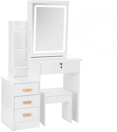 Norvia Kaptafel Met Grote Spiegel En Instelbare Verlichting - Make Up Tafel Met Zitje - 4 Lades En Open Vakken - 80 x 36 x 130 cm