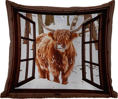 Buitenkussen Weerbestendig - Schotse Hooglander - Sneeuw - Natuur - Dieren - Doorkijk - Winter - 50x50 cm