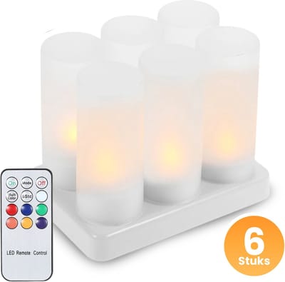 Nince Oplaadbare Waxinelichtjes - 40+ Branduren - 6 Stuks - Inclusief Doorschijnende Behuizing - Veilig & Duurzaam - Realistische Ledkaarsen - Theelichtjes - Horeca Kaarsen - Oplaadbare Led Kaarsen