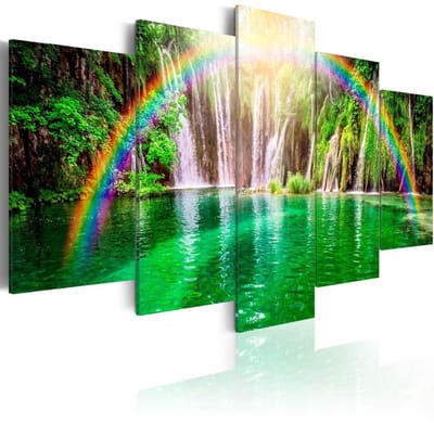 Schilderij - Waterval en Regenboog , 5 luik