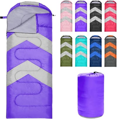 Famanu - Slaapzak voor volwassenen, ultralicht, compact, 3-4 seizoenen, licht, winterslaapzak, waterdicht, voor kamperen en wandelen (Paars)