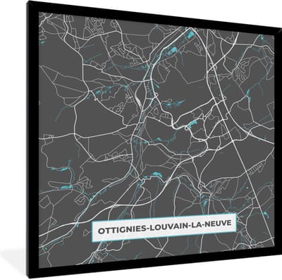 Fotolijst incl. Poster - Stadskaart – Grijs - Kaart – Ottignies Louvain la Neuve – België – Plattegrond - 40x40 cm - Posterlijst