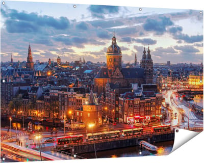 Gards Tuinposter Amsterdam Centrum Luchtfoto Zonsondergang - 150x100 cm - Tuindoek - Tuindecoratie - Wanddecoratie buiten - Tuinschilderij