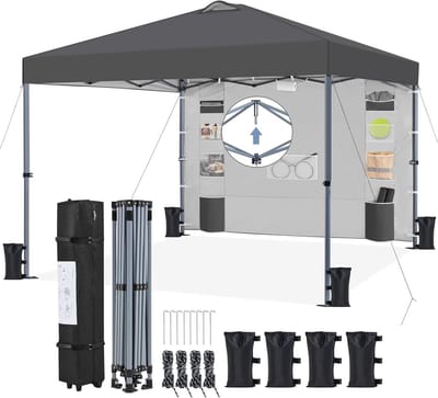 Partytent 3x3 Waterdicht - Opvouwbaar Paviljoen met Zijwand en Opbergtas - Verstelbare Pop Up Tent met UV Bescherming en Zandzakken - Easy Up Tent voor Tuinfeest, Camping en Markt - Donkergrijs