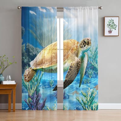 Oceaan Onderwater Wezen Schildpad Koraal Tule Gordijnen Voor Woonkamer Huisdecoratie Raamgordijn Keuken Doorzichtig Voile Gordijn 135W x 114H(cm) blue