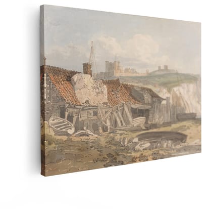 Artaza Canvas Schilderij Landschap - 80x60 cm - Wanddecoratie Vintage - Muurdecoratie Kasteel Klif - Decoratie Vissershuisjes Boten