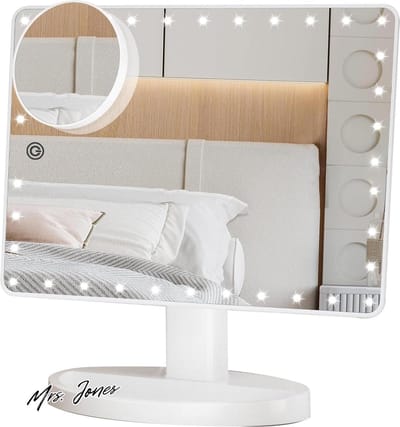 Mrs. Jones Grote Verlichte Ijdelheid Make-upspiegel (XL) - Verlichte Spiegel met 35 LED-Verlichting - Touchscreen Dimbaar en 10x Vergrotingsspiegel - Dubbele Voeding - 360 ° Rotatie - Tafelblad Cosmetische Spiegel .