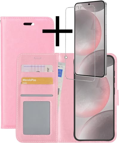 Hoesje - Met Screenprotector - Geschikt voor Samsung Galaxy S24 - Luxe Pasjeshouder - Bookcase Portemonee - Flip Case - Kunstleer Book Case - Flipcase - Book Cover - Walletcase - Portemonneehoes - Lichtroze