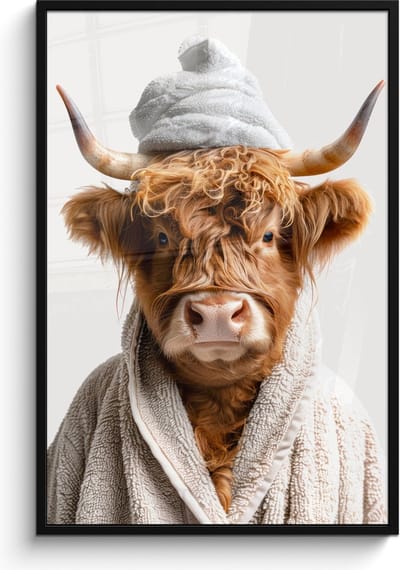 Poster in lijst - Fotolijst 80x120 cm - Posters - Schotse hooglander - Badjas - Koe - Dieren - Posterlijst zwart - Wanddecoratie badkamer - Muurdecoratie WC - Decoratieve accessoires - Toilet muur decoratie