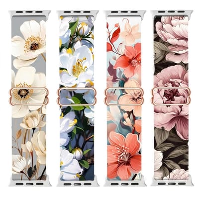 Gemengde kleuren smartwatch bandjes set – 4 stuks – horloge band – dames en heren – elastische nylon strap – bloemen print – geschikt voor Apple Watch 42mm (serie 1 / 2 / 3) / 44 mm / 45 mm / 46 mm (serie 10 / 11) / 49 mm (Ultra / Ultra 2)