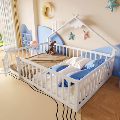Wishdor – Kinderbed 140x190 cm – Huisframe met Bedhek & Slot – Veilig & Sprookjesachtig – Grenen & MDF – Wit