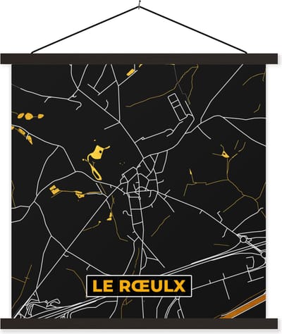 Posterhanger incl. Poster 60x60 cm - Schoolplaat - Black en gold - Stadskaart - Le Rœulx - Plattegrond - Kaart - Textielposter - Zwarte latten - Stadskaart