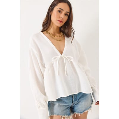 Textured V-hals Crop Blouse met Strik