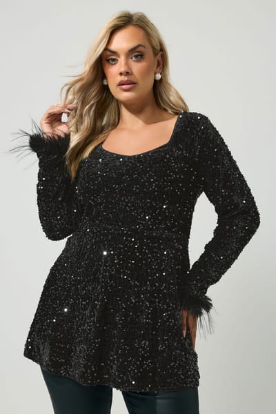 Yours London Curve Top Van Fluweel Met Pailletten En Bontrand In Zwart Size 54-56