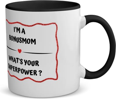 Akyol - i'm a bonusmom what's your superpower? koffiemok - theemok - zwart - Mama - super bonusmoeder - moeder cadeautjes - moederdag - verjaardag - geschenk - kado - 350 ML inhoud
