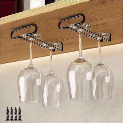 Hangende wijnglashouders, 2 stuks, stevige ijzeren glashouders voor onder de kast, ideaal voor bar, keuken en wijnkelder (zwart)