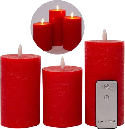 Set van 6 LED-kaarsen, 7,5 cm diameter, flikkerende vlamkaarsen met afstandsbediening, ROOD, 15 cm + 12,5 cm + 10 cm hoogte, LED-kaarsen met timerfunctie, 3 AAA-batterijen vereist, LED-pilaarkaarsen van echte was, warm wit