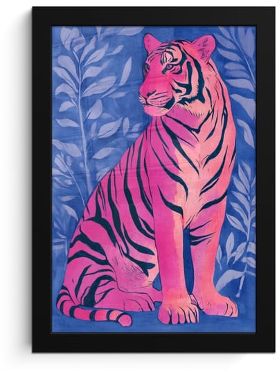 Poster in lijst - Fotolijst 20x30 cm - Posters - Tijger - Roze - Bladeren - Jungle - Posterlijst zwart - Decoratie - Wanddecoratie woonkamer - Muurdecoratie slaapkamer