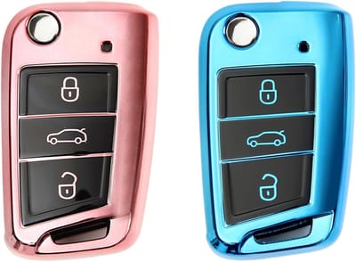 Car Key Cover - 2 Pieces - Key Box - Car Key Protective Cover - Compatibel met VW Golf 7 - Polo Tiguan - Skoda 3-Key Sleutelcase (Rose Gold + Blue)