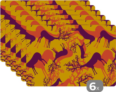 Placemat - Placemats kunststof - Patronen - Hert - Kleuren - 45x30 cm - 6 stuks - Hittebestendig - Anti-Slip - Onderlegger - Afneembaar