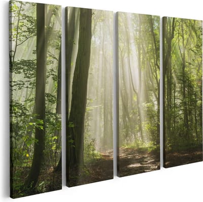 Artaza Canvas Schilderij Vierluik Bos Met Bomen En Zonneschijn - 80x60 - Foto Op Canvas - Canvas Print