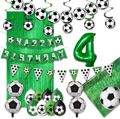 LUQ – Verjaardag 4 Jaar Voetbal Set – Groen-Zwart-Wit – Kinderfeest Football Decoratie – Birthday Versiering Pakket