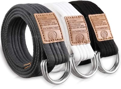 3-Pack Canvas Weave Riemen voor Mannen met Dubbele D-Ring Gesp, Verstelbaar en Militaire Stijl (Zwart + Wit + Blauw Grijs)