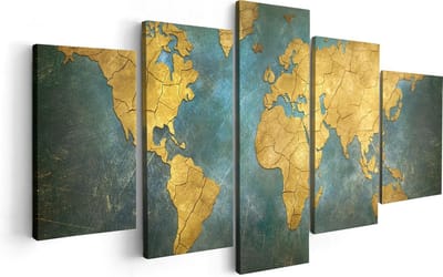 Artaza Canvas Schilderij Vijfluik Wereldkaart In Retro Stijl - 100x50 cm - Wanddecoratie Woonkamer - Schilderijen - Muurdecoratie