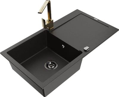 Mexen Leo granieten gootsteen 1-komers met afdruiprek en keukenmengkraan Rita, zwart/gouden metallic - 6501-75-670300-50-B