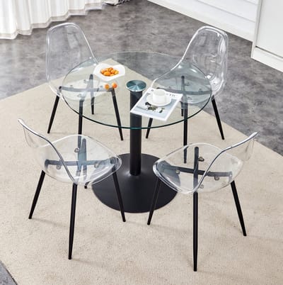 Set Tafel En Stoelen - Ronde Eettafel Met 4 Stoelen - Transparant Gehard Glas En Kunststof - Voor Eetkamer Keuken En Balkon - Zwart