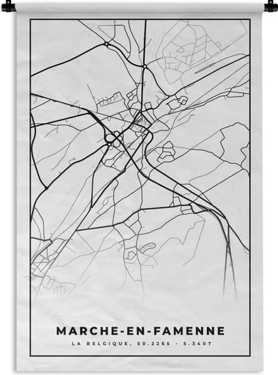 Wandkleed - Wanddoek - België – Marche en Famenne – Stadskaart – Kaart – Zwart Wit – Plattegrond - 120x180 cm - Wandtapijt
