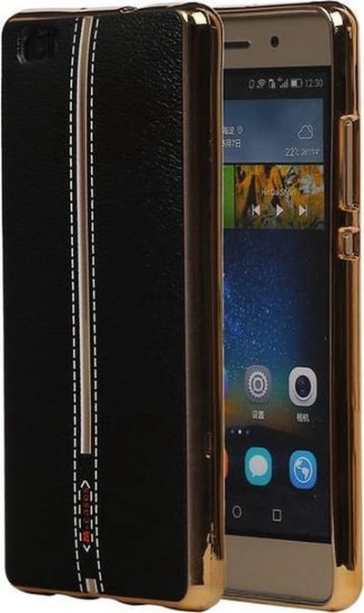 M-Cases Zwart Leder Design TPU back case cover hoesje voor Huawei P8 Lite