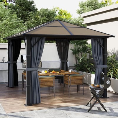Wishdor Paviljoen - Polycarbonaat Dak En Zijwanden Met Hor En Gordijn - Modern Ontwerp - Voor Tuin - Metaal En Polyester - Grijs - 300 X 300 X 265 Cm