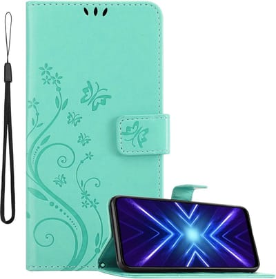 Cadorabo Hoesje geschikt voor Honor 9X in Turkoois - Beschermhoes in bloemmotief met magnetische sluiting, standfunctie en kaartsleuven Book Case Cover Etui