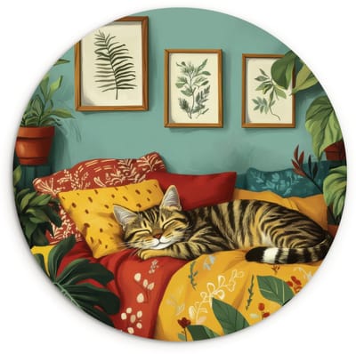 WallCircle® Wandcirkel 120x120 cm - Muurcirkel Kat - Planten - Groen - Muurdecoratie woonkamer - Wanddecoratie slaapkamer - Kamer decoratie accessoires - Ronde schilderijen XXL