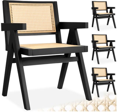 tectake® Houten Stoel Lizzy met Armleuning - Zwart - Set van 4 Eetkamerstoelen met Weens Vlechtwerk - Boho-Stijl Stoel met Rugleuning - Massief Houten Frame - Belastbaarheid 120 kg