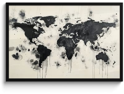 Poster in lijst - Fotolijst 90x60 cm - Posters - Wereldkaart - Zwart - Inkt - Posterlijst zwart - Decoratie - Wanddecoratie woonkamer - Muurdecoratie slaapkamer