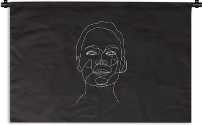 Wandkleed Line-art Vrouwengezicht - 20 - Line-art blij vrouwengezicht op een zwarte achtergrond Wandkleed katoen 120x80 cm - Wandtapijt met foto