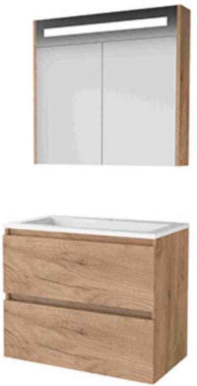Basic-Line Premium 46 Badkamermeubelset - 80 x 46 cm - Greeploos - 2 Lades - Acryl Wastafel - 1 Kraangat - Spiegelkast met LED Verlichting - Whisky Oak