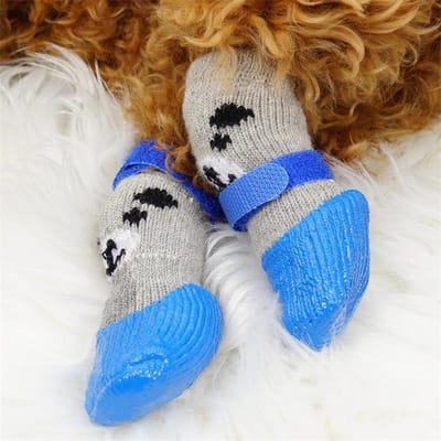 Set de 4 pièces Chien Chat Chaussures Imperméables Chaussettes, Bottes d'Hiver pour Animaux, Bottines de Pluie Neige pour Chien de Petite Taille Antidérapantes, Chaussures Anti-Saleté pour Chiots, Noir L bleu