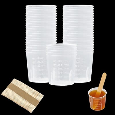 Maatbekers klein 30 ml met schaalverdeling PP laboratorium kleine maatbeker mengbeker lak met houten staaf handschoenen voor keuken, bakken, laboratorium, meetbeker, kleurmengbeker