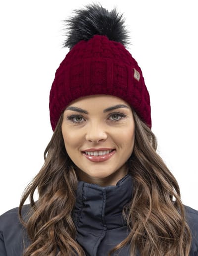 Vivisence Dames Wintermuts - Zachte Brei Met Pompon En Warme Fleecevoering Aan De Binnenkant - Beschermt Tegen Kou En Wind Voor Dagelijkse Stijl En Comfort In De Winter Met Een Zachte Pasvorm - Wijnrood