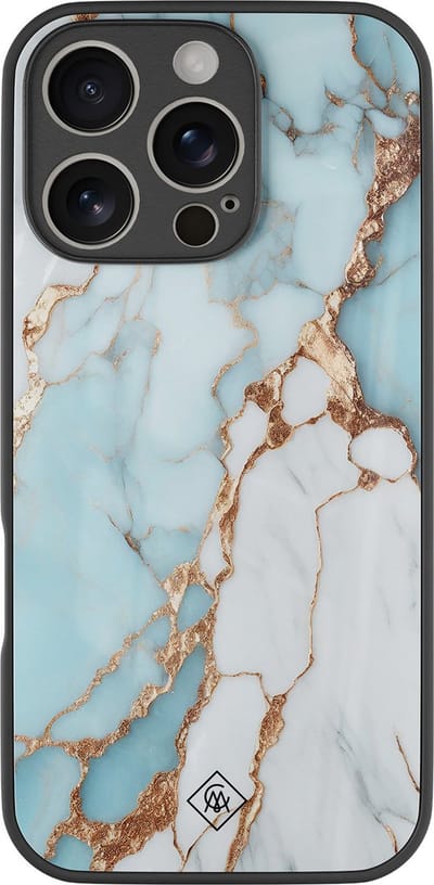 Casimoda® hoesje - Geschikt voor iPhone 16 Pro - Marmer Lichtblauw - Luxe Hard Case Zwart - Backcover telefoonhoesje - Blauw