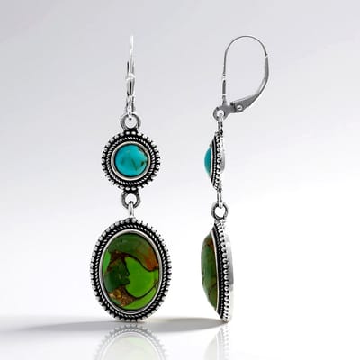 Cavill - Elegante Dames Oorbellen 925 Sterling Zilver Geoxideerd - Kingman Mohave Turkoois 37,5 mm - Ovaal & Rond Cabochon - Handgemaakt Groen Blauw