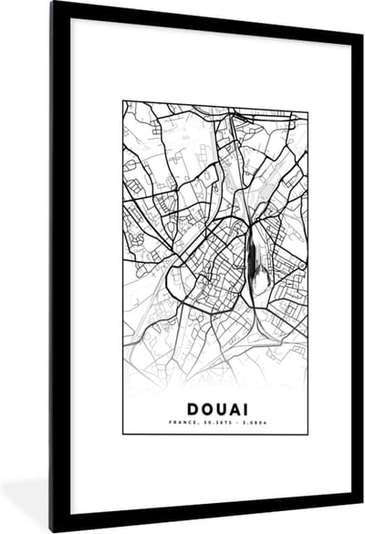 Fotolijst incl. Poster Zwart Wit- Kaart - Plattegrond - Frankrijk - Stadskaart - Douai - Zwart wit - 60x90 cm - Posterlijst